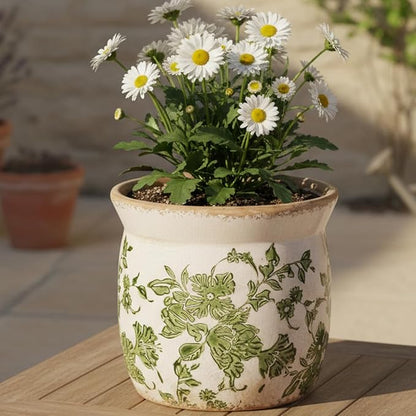 Xiaan Jiaju Vintage Farmhouse Ceramic Planter & Kitchen Utensil Holder - 6.21 Inch Tuscan Rustic Plant Pot with Drainage for Indoor/Outdoor Use, Garden & Home Decor, Unique Gift (Green Leaf)
