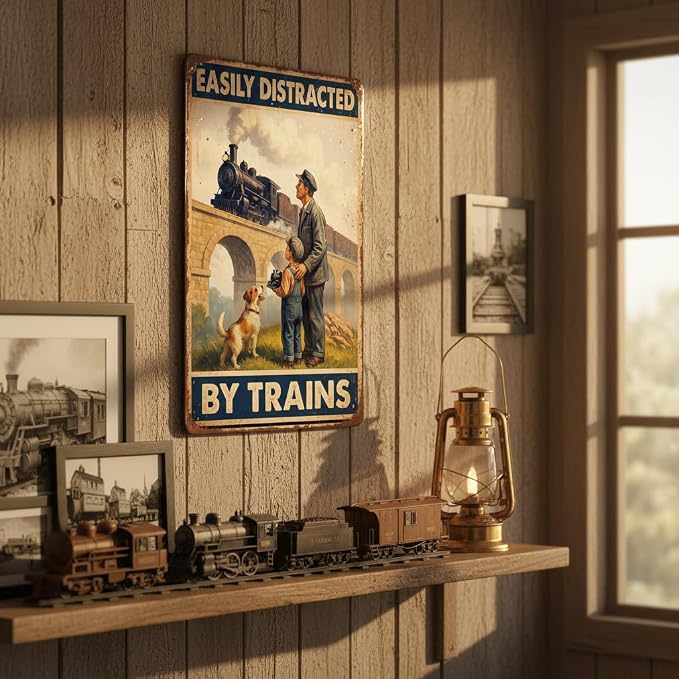 Easily Distracted by Trains Tin Sign – Train Decor for Boys Room and Men – Vintage Train Wall Decor for Train Room or Man Cave – 8x12 Inch Metal Sign