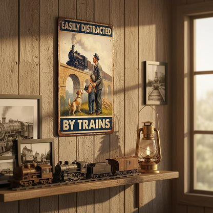 Easily Distracted by Trains Tin Sign – Train Decor for Boys Room and Men – Vintage Train Wall Decor for Train Room or Man Cave – 8x12 Inch Metal Sign