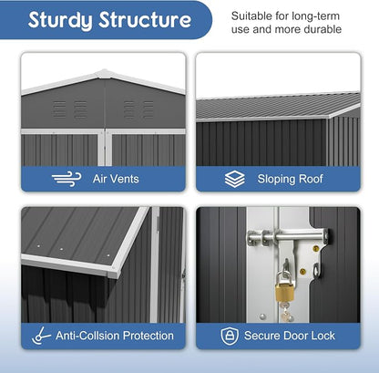 PVWIIK 10x10 FT Large Outdoor Metal Storage Shed, Heavy Duty Waterproof Steel Garden Tool Shed with Lockable Doors, Utility Storage Building for Backyard Patio Lawn Garden, Black