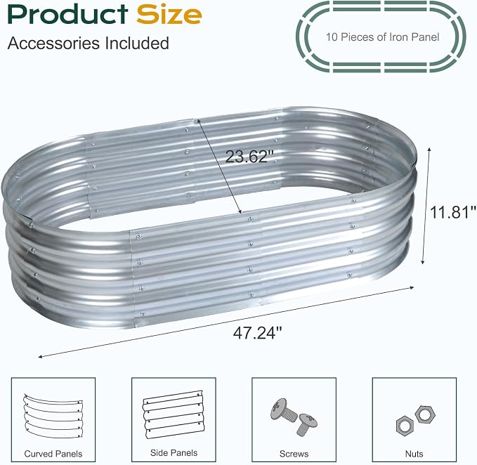 Aoodor Galvanized Raised Garden Bed Kit, 4 x 2 x 1 Ft Oval Outdoor Metal Planter Box for Vegetables, Flowers & Herbs, Silver