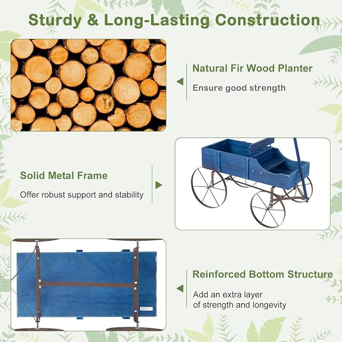 Wooden Wagon Planter, Decorative Flower Pots w/ 2 Planting Sections, Wheels & Handle, Rustic Farmhouse Garden Planter Box for Patio, Yard, Porch (Blue)