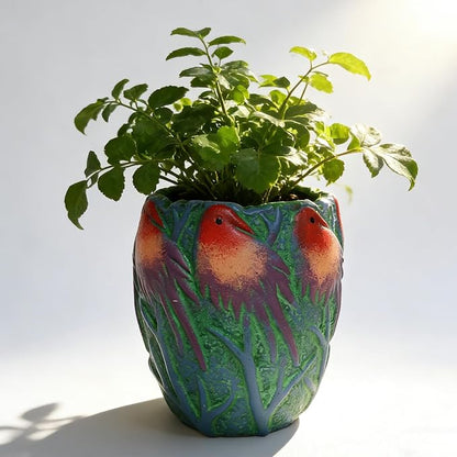 6.5 inch Green Ceramic Flower Pot with Bird Patterns,Indoor Outdoor Planter for Succulents Plants, Modern Home Garden Decor