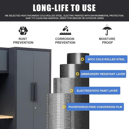 15PCS Corner Garage Storage Cabinet System, Heavy Duty Workshop Set, Corner Cabinet Includes Workbench, Pegboard & Lockable Drawers Metal Tool Organization System for Garage Workshop