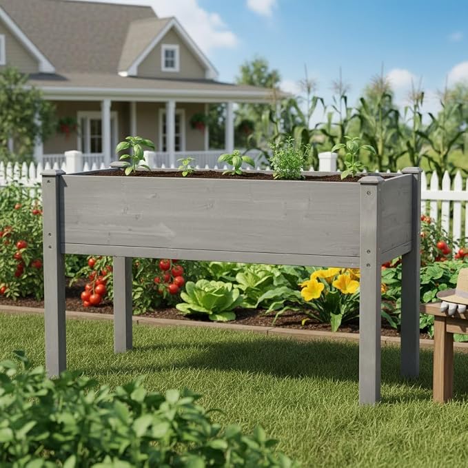 Raised Garden Bed with Legs Elevated Wooden Planter Box for Backyard Patio Balcony Deep Grow Box for Vegetables Flowers Fruits & Herbs (Grey, 48x24x30in)