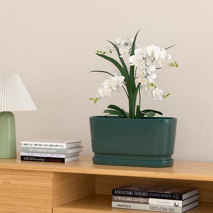 13" Rectangular Ceramic Planter with Drainage and Saucer, Green | Indoor Outdoor Use, 13"L x 5.5"W x 6.3"H, Modern Home Decor, Window Box Planter, Green Glossy Finish