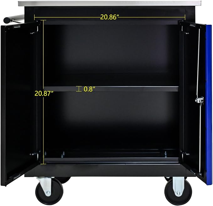 Heavy Duty Rolling Tool Chest,Lockable Stainless Top for Garage,Black&Blue | Mobile Workbench with Adjustable Shelf, Roll Around Tool Cabinet for Workshops and Auto Repair