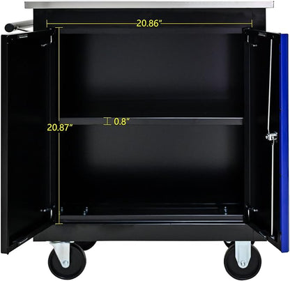 Heavy Duty Rolling Tool Chest,Lockable Stainless Top for Garage,Black&Blue | Mobile Workbench with Adjustable Shelf, Roll Around Tool Cabinet for Workshops and Auto Repair