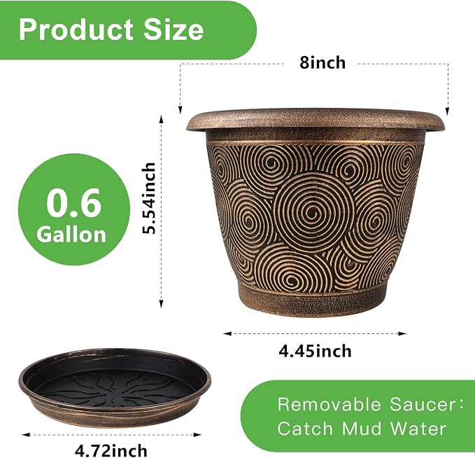 Fodetyff 8 Inch Flower Pots Planters for Indoor Outdoor Plants, 4 Pack Plastic Small Plant Pots with Drainage Hole & Tray, Modern Decorative Garden Pot with Saucer, Plant Container for House