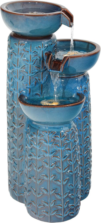 28" H Ceramic Outdoor Water Fountain with LED Lights, 3-Tier Cascading Bowls Water Feature, Tranquil Waterfall for Relaxing Garden, Patio, Yard, or Porch, Turquoise, Embossed Leaf Patterns