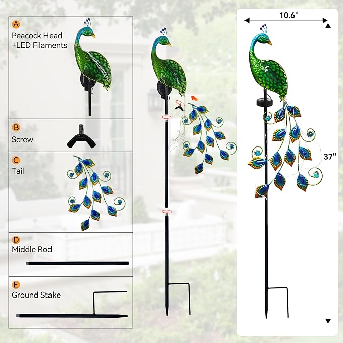 Solar Peacock Garden Stake Lights Waterproof Metal Outdoor Decor | Solar Peacock Garden Stake Lights, Waterproof Metal Glass, Thick Stake, Glow-In-The-Dark Eye, For Pathway Patio Yard Decor