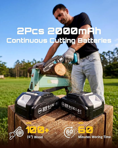 Seesii Mini Chainsaw, 6-inch Mini Chainsaw Cordless, Handheld Electric Power Chain Saw with 2 Batteries, for Tree Trimming Wood Cutting, Best Gifts for Father, Dad, Husband, Men