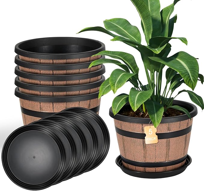 10 Inch Whiskey Barrel Planters with Drainage Holes & Saucer, 5 Pack Plastic Plant Pots with Wine Barrel Design, Flower Pots for Indoor Outdoor Balcony