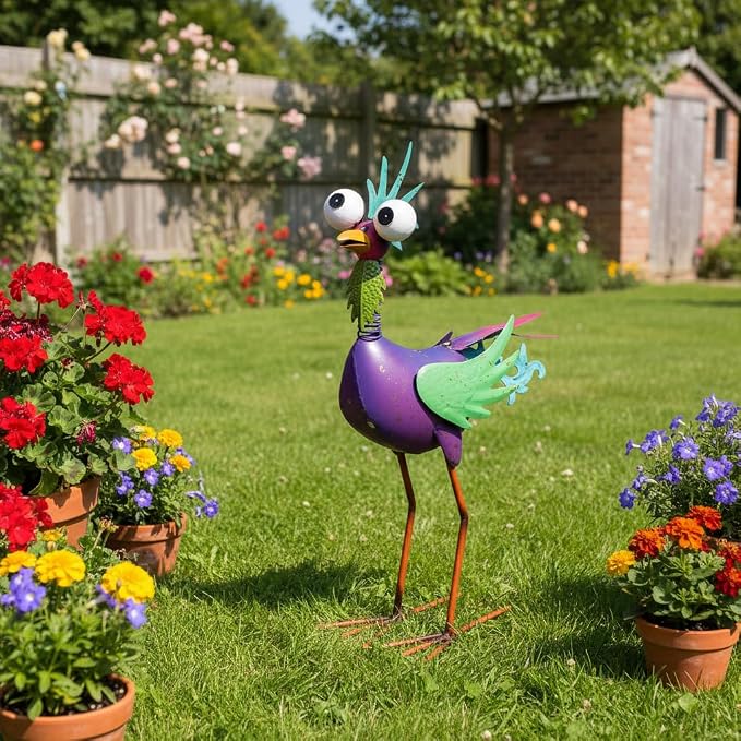 Metal Rooster Statue Outdoor Garden Decor,18" Wacky Rooster Decor Yard Statue Decorations Outdoor,Funny Chicken Sculpture for Patio, Lawn, Backyard (Purple)