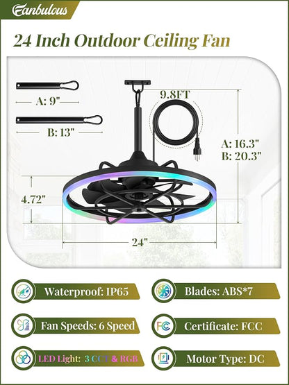 Fanbulous Outdoor RGB Ceiling Fans with Light for Patios, 24" Waterproof Plug in Ceiling Fan, Gazebo Fan Remote&APP Control, 3CCT Dimmable,Caged Ceiling Fan with Hanging Hook for Porch, Pergola