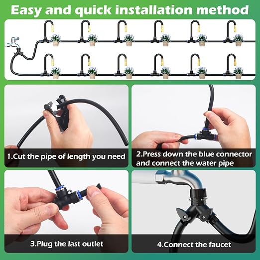 Drip Irrigation System Kit 100 FT with 32 Nozzles, 360° Adjustable Bendable Garden Watering Misting System for Greenhouse, Yard, Lawn, Plant, Garden, 5/16 inch Hose (OD: 8mm)