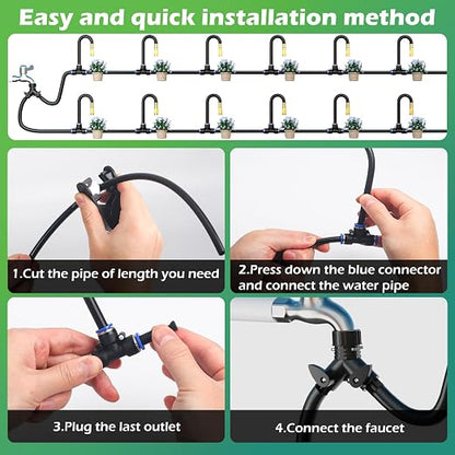 Drip Irrigation System Kit 100 FT with 32 Nozzles, 360° Adjustable Bendable Garden Watering Misting System for Greenhouse, Yard, Lawn, Plant, Garden, 5/16 inch Hose (OD: 8mm)