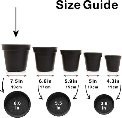 Mintra Garden Pots, 4 Pack Bulk Plastic Plant Pots with Drainage Tray, Round Indoor & Outdoor Decorative Planters with Drain Holes for Flowers, Herbs & Plants, 19cm Diameter – Grey, 7.5 in