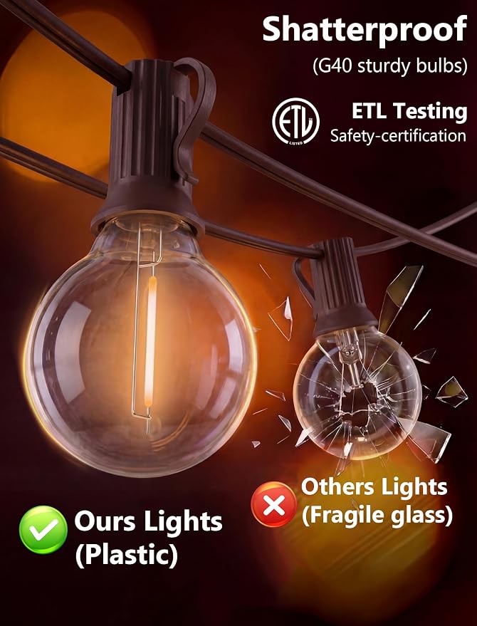 GOOTHY 25Ft Outdoor LED String Lights with 25 Shatterproof G40 LED Clear Globe Bulbs, Edison Vintage Bulbs Hanging Sockets, Decorative Lighting for Café Patio Porch Party Yard Christmas-Brown Wire