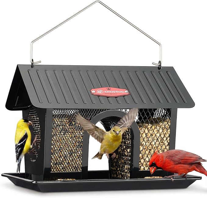 Kingsyard Wild Bird Feeder for Outdoors Hanging, All Metal | Dual-Use Mesh with 360° Feeding, Weatherproof Roof, 3 lb Seed Capacity, Garden Decor & Birding Gift, Black