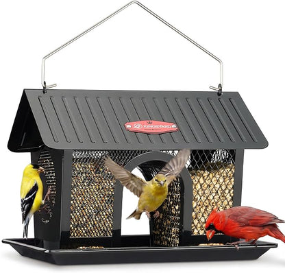 Kingsyard Wild Bird Feeder for Outdoors Hanging, All Metal | Dual-Use Mesh with 360° Feeding, Weatherproof Roof, 3 lb Seed Capacity, Garden Decor & Birding Gift, Black