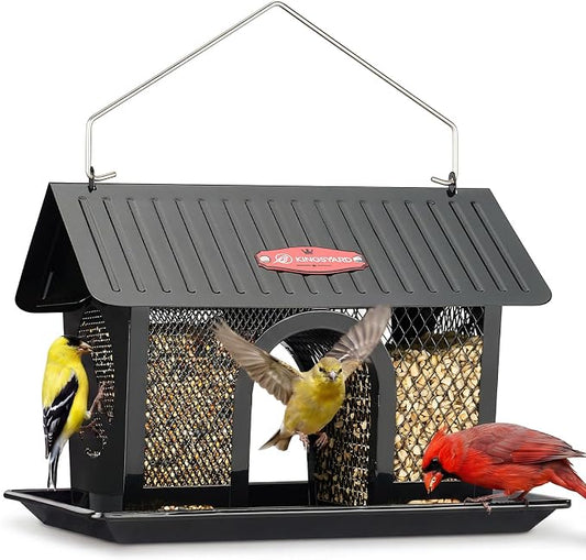 Kingsyard Wild Bird Feeder for Outdoors Hanging, All Metal | Dual-Use Mesh with 360° Feeding, Weatherproof Roof, 3 lb Seed Capacity, Garden Decor & Birding Gift, Black