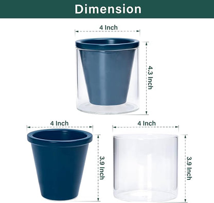 D'vine Dev 4 Inch Design Self Watering Planter for Indoor Plants, Blue Terracotta Pot with Cylinder Glass Cup, Set of 3, 37-Z-A-4-T