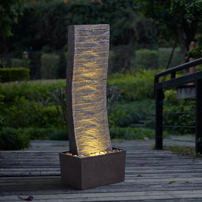 Curved Outdoor Waterfall Fountain, 36.2" Elegant Outdoor Water Fountain with LED Lights for Patio, Garden, Backyard, Modern Large Relaxing Water Feature (24382)