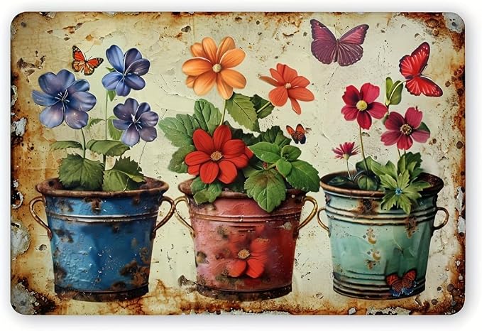 Rustic Garden Flowers Metal Tin Sign, Vintage Iron Wall Art Decor for Indoor Outdoor Use, Floral Engraving for Bedroom, Office, Study, Cafe, Bar, Library, Garage - Pack of 1, 12x8 Inches