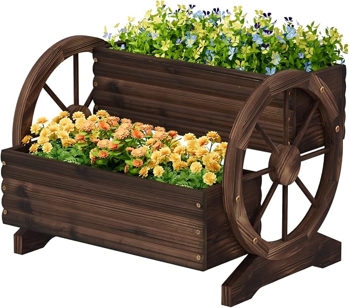 Wooden Wagon Planter with Wheels,Flower Pots, Carbonized, Large | Flower Cart Design, Outdoor Garden Use, Indoor & Backyard Compatible, Patio & Balcony Decor