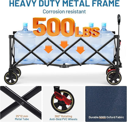 Timber Ridge 51.2'' Extended Collapsible Wagons Carts Foldable, 500LBS Heavy Duty Sports Wagon with Adjustable Handle, 400L Capacity Portable Cart for Camping Shopping