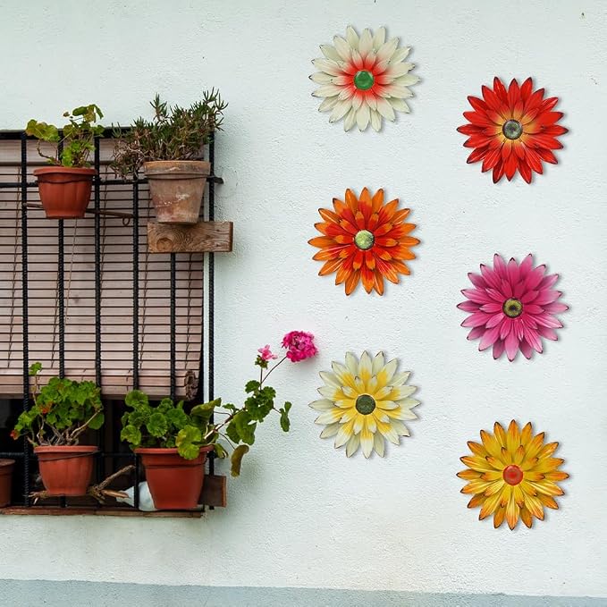 hogardeck Metal Flower Wall Decor for Indoor Outdoor, Kitchen Decor Floral Metal Wall Art, Wall Decor for Bathroom, Living Room, Porch, Garden, Yard, Backyard （6 Pcs 6'' ）