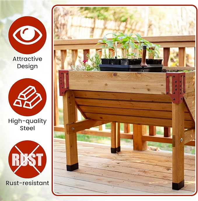 MorningRo 12 Pack Raised Garden Bed Corner Brackets with Securing Lip Fits Lumber up to 2" x 12" Metal Garden Corner Bracket for Wood Frame Bed 4.7" L x 2" W x 10.5" H (Sand Red)