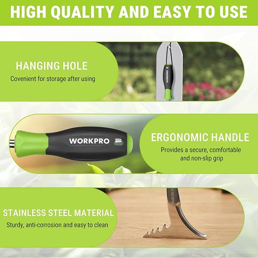 WORKPRO 3-Piece Weed Puller Tool Set | 15" 6-Tine Weed Remover, 12" Hand Weeder, 12.5" Crack Weeder, Stainless Steel with Ergonomic Handle for Lawn, Garden, Yard