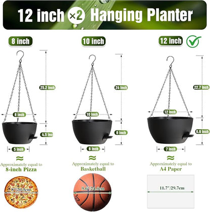 12 Inch Large Self Watering Hanging Planters 2 Pack with Saucers | Set of 2 12-inch self-watering hanging planters with extra soil capacity, side-fill ports, chain hangers & snap-on saucers
