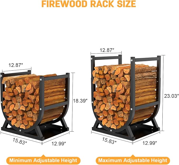 Firewood Rack, Outdoor/Indoor Firewood Adjustable Height Storage, Thickened Metal Fireplace Log Rack, Adjustable Height 18.39''-23.03'', Black