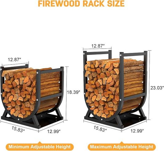 Firewood Rack, Outdoor/Indoor Firewood Adjustable Height Storage, Thickened Metal Fireplace Log Rack, Adjustable Height 18.39''-23.03'', Black