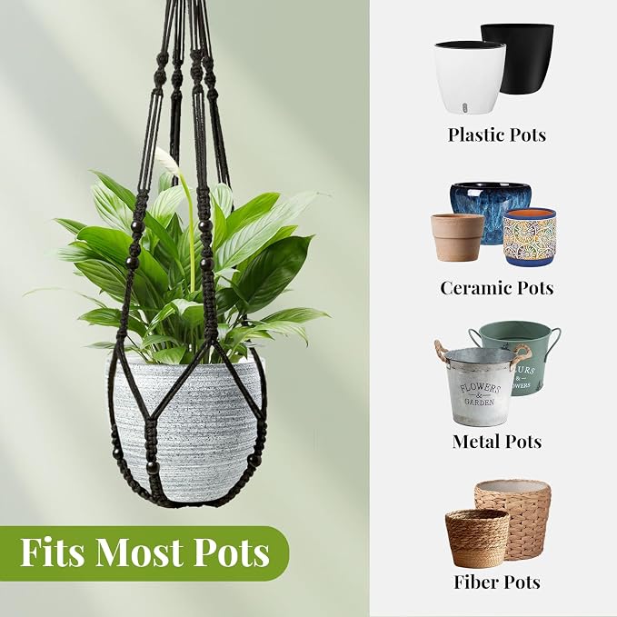 LEWESU Macrame Plant Hanger Indoor Set of 2 with 4 Hooks, Indoor Outdoor Hanging Planter for Plants Holder with Decorative Wood Beads & No Tassels, Boho Home Decor, 35 Inch Black (Pots Not Included)
