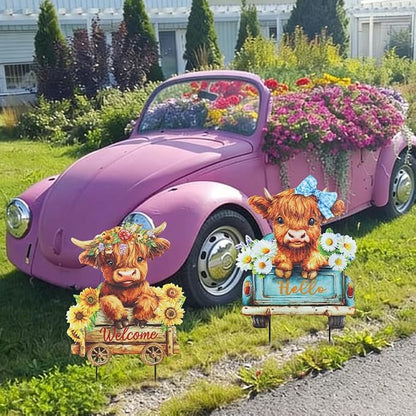 hogardeck Garden Decor for Outside, Set of 2 Metal Highland Cow Decorative Garden Stakes with Sunflower for Yard Decor, Welcome Sign Yard Art for Outdoor Lawn Porch Backyard Spring Decorations
