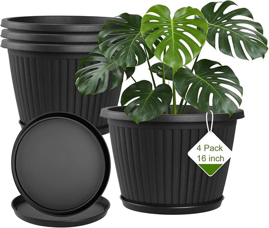 Fodetyff 16-inch-Plastic-Plant-Pots-with-Saucer, Flower Pots Containers for Indoor Outdoor Plants, Large Resin Planter with Drainage Holes and Saucers for Snake Plant Monstera