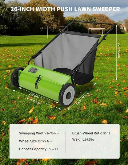 GarveeLife 26 Inch Push Lawn Sweeper with 4 Spinning Brushes, 7 Cu.ft Large Capacity Leaf Collector, Adjustable Height Grass Sweeper, All Terrain Lawn Leaf Debris Removal Tool for Yard Garden Patio