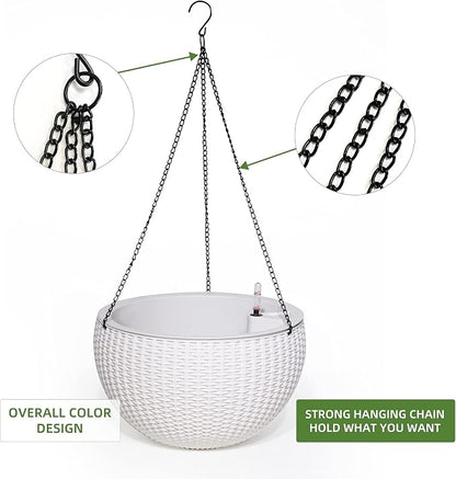 Dexceder 13.5 Inch Self Watering Hanging Planter (White) | Thickened Large Hanging Basket Flower Plant Pot with Water Level Indicator Indoor Outdoor