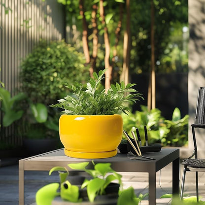 SQOWL 10 Inch Plant Pot - Ceramic Planter with Drainage Hole and Saucer, Modern Large Flower Pot for Indoor Outdoor Plants, Decorative Round Planter, Home Decor, Gifts for Gardeners Woman, Yellow
