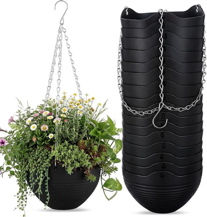 Zopeal 16 Pack Self Watering Hanging Planters 8 Inch Garden Flower Plant Pot Container with Drainer and Chain Round Hanging Pot Plant Basket for Indoor Outdoor Plants (Black)