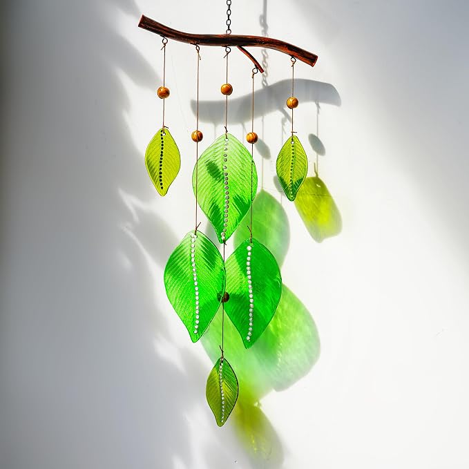 YU FENG 20 Inch Green Stained Glass Wind Chimes with Leaves Outdoor Decor | Handmade Glass Wind Chime, Leaf Forest Ornament, Rainbow Light Effect, Garden Yard Window Hanging Decoration