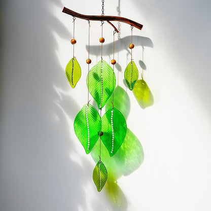 YU FENG 20 Inch Green Stained Glass Wind Chimes with Leaves Outdoor Decor | Handmade Glass Wind Chime, Leaf Forest Ornament, Rainbow Light Effect, Garden Yard Window Hanging Decoration