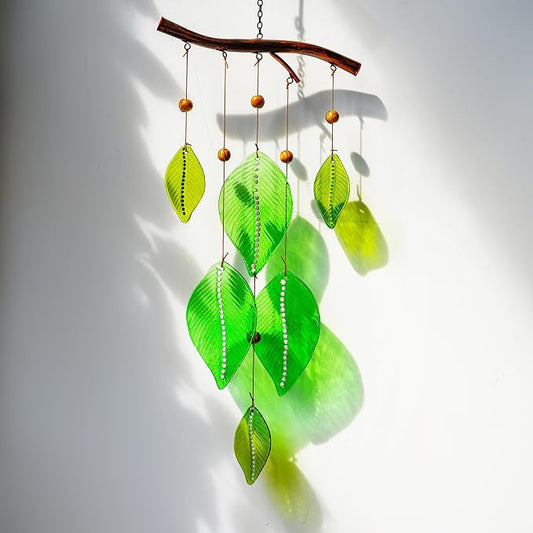 YU FENG 20 Inch Green Stained Glass Wind Chimes with Leaves Outdoor Decor | Handmade Glass Wind Chime, Leaf Forest Ornament, Rainbow Light Effect, Garden Yard Window Hanging Decoration
