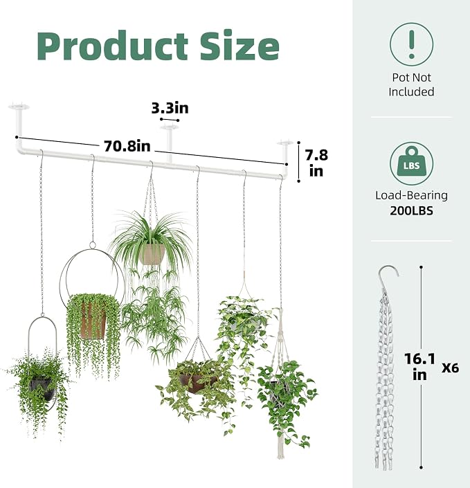 Galood Plant Hanger Indoor with 6 Hanging Chains Hanging Planters for Indoor Plants Hanging Plant Holder Window Plant Shelves White Metal Rod(Pot not Included