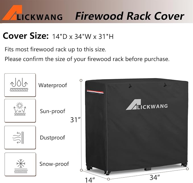 34Inch Firewood Rack Cover,Heavy Duty 600D Waterproof Outdoor Firewood Storage Rack Cover, All Weather Protection Firewood Rack Cover.14 D x 34" W x 31" H.Black(Cover Only)