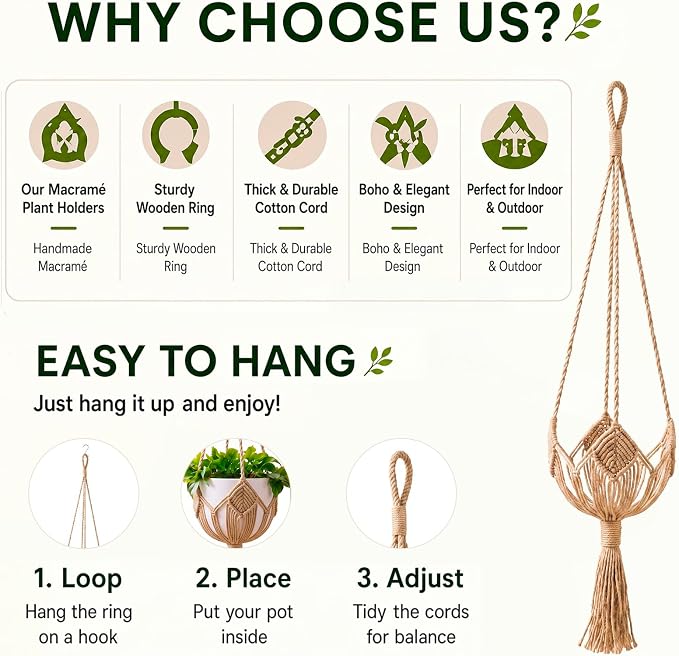 Shappy Boho Macrame Plant Hanger, Large Hanging Planter Plant Holder Pot Hanger Hanging Basket Wall Planters, Plants Lover Gift for Indoor Garden